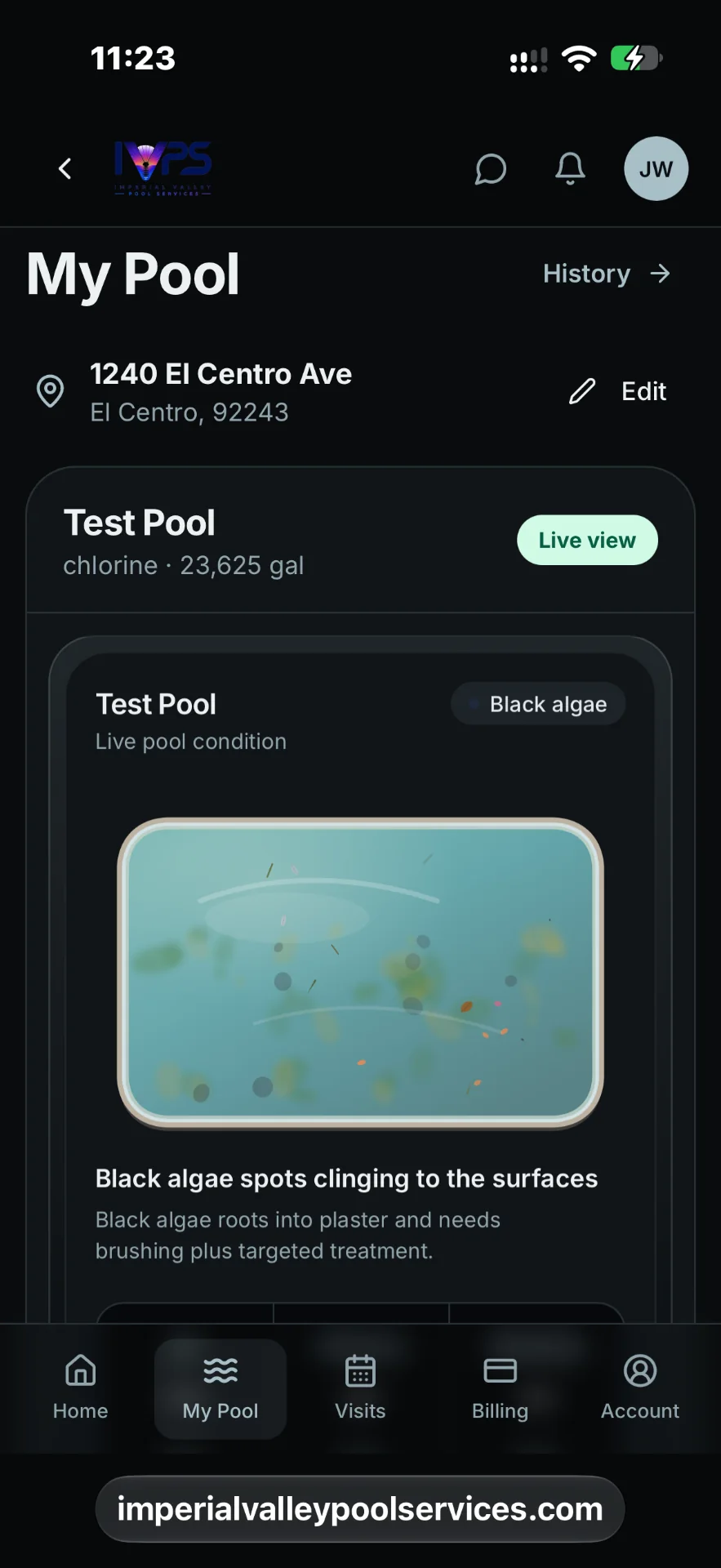 Imperial Valley Pool Services customer My Pool live view on a phone