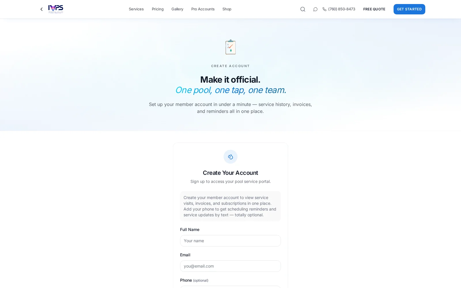 Imperial Valley Pool Services customer account creation page